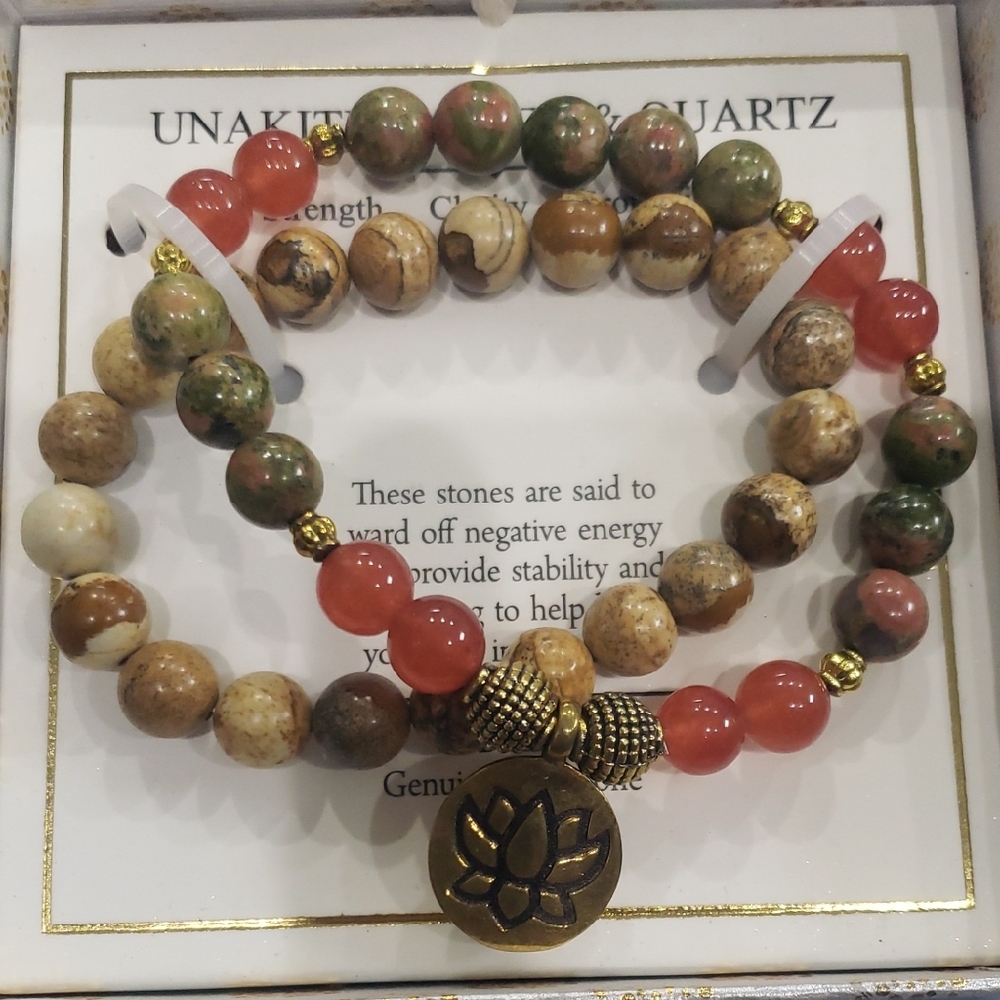 Unakite & Quartz Beaded Bracelet Set